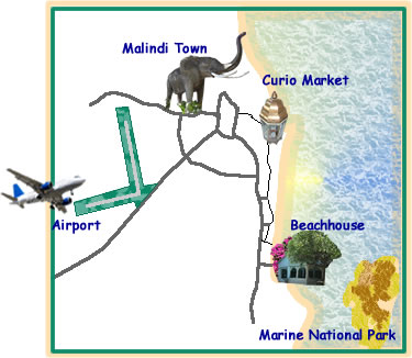 Map of the Beachhouse location relative to Malindi airport, Malindi Town and Malindi Curio Market